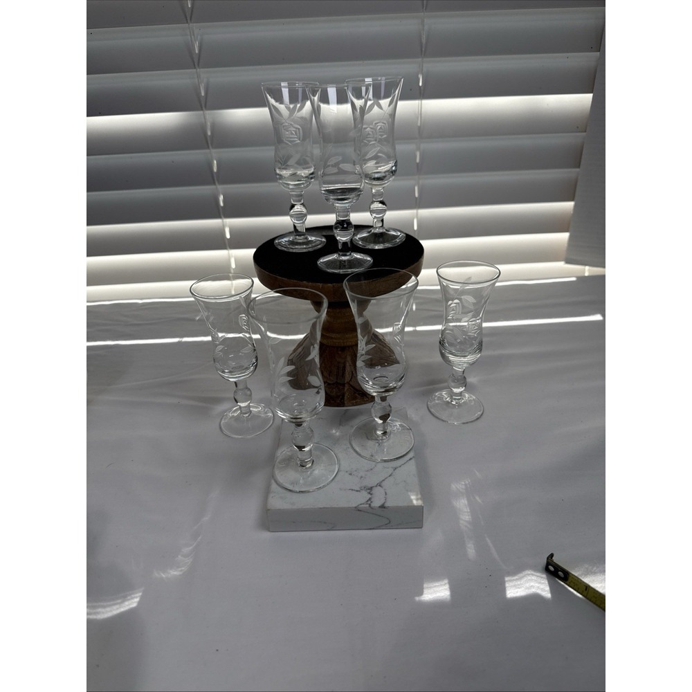 Set Of 7 Vintage JAVIT Hand-Etched ROSE Sherry/Port/Liqueur Stemmed Glass